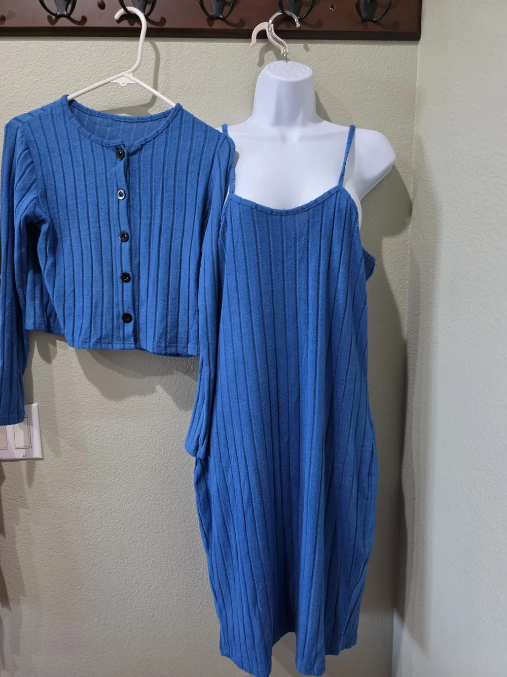 Blue Ribbed Knit Slip Dress with Matching Cardigan Set